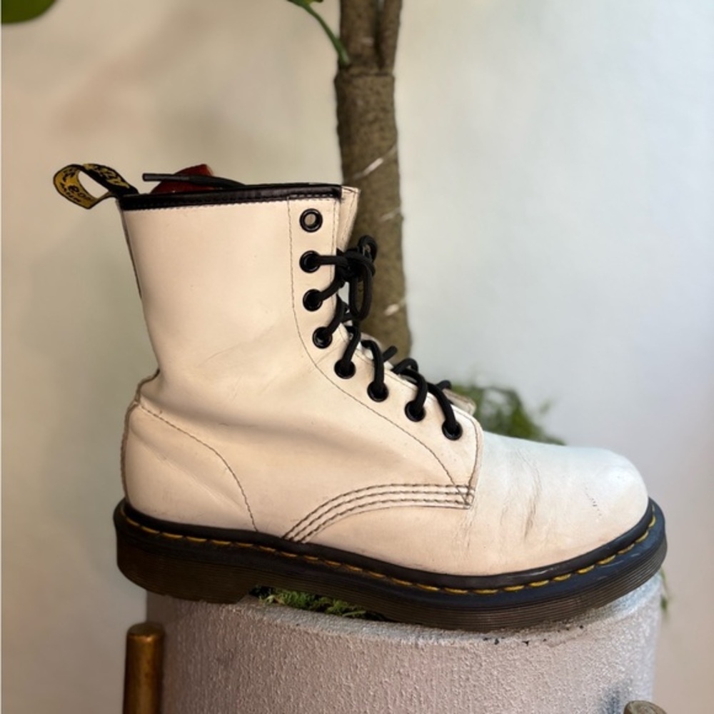 Dr. Martens White Combat Boots with Iconic Yellow Stitching